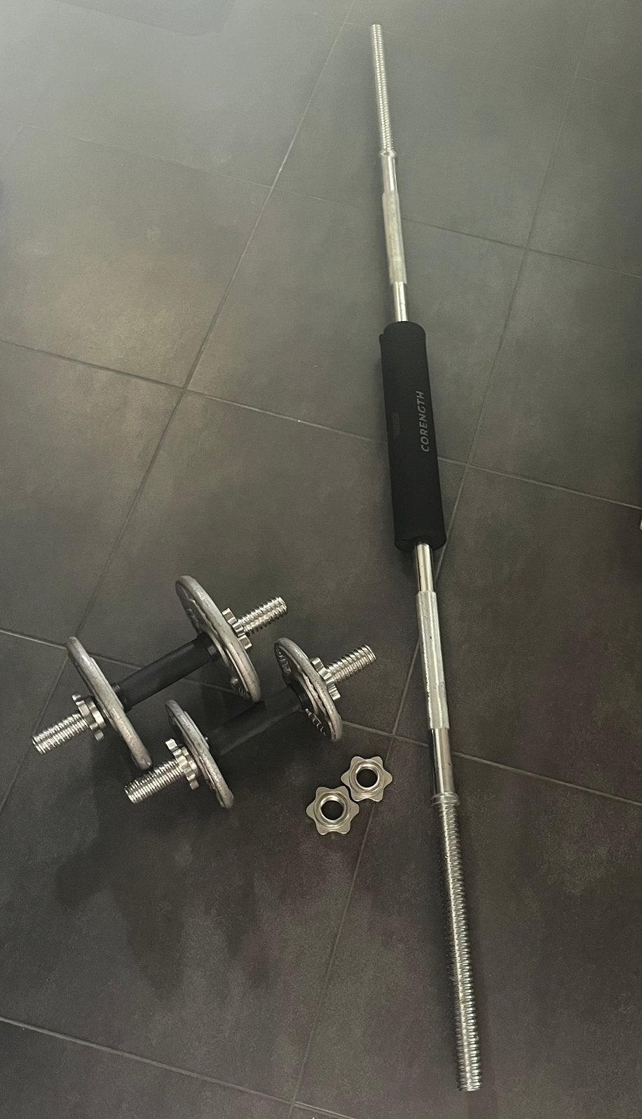 Set halters + halterstang + schijven, Sport en Fitness, Ophalen, Gebruikt, Halterset