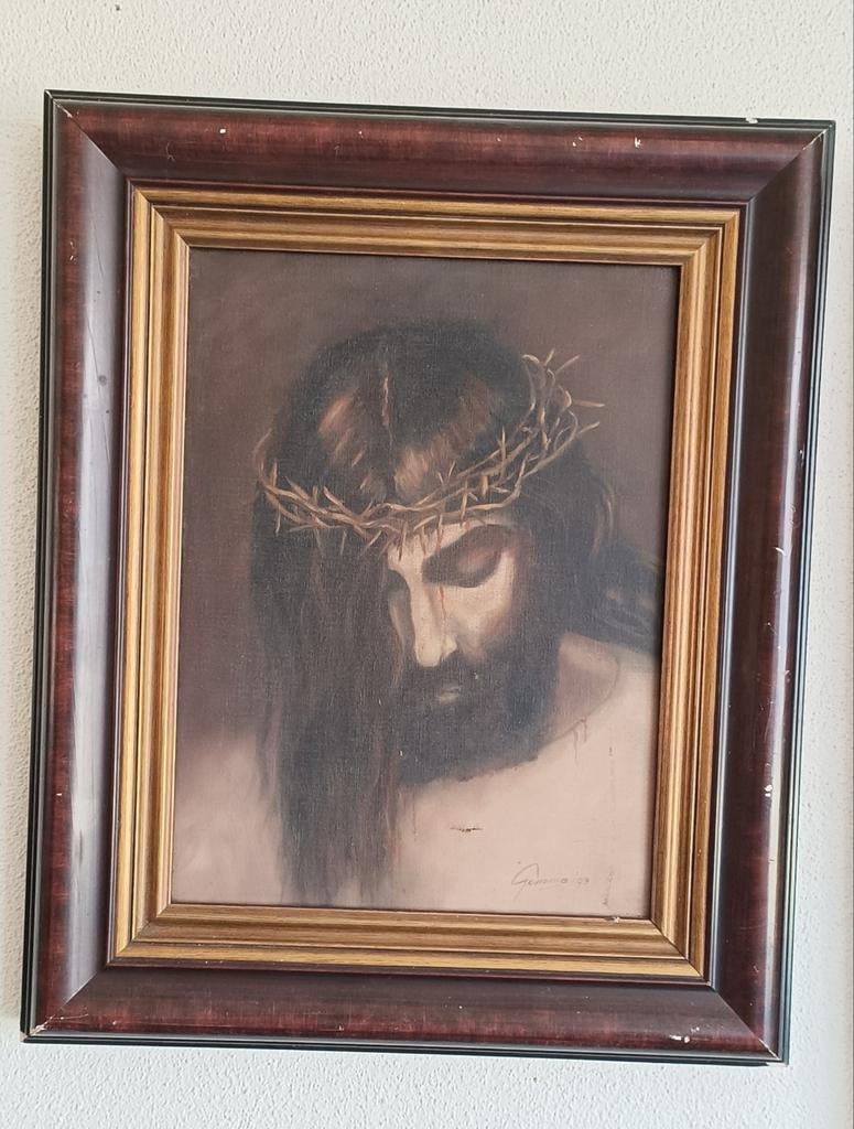 Olieverf schilderij houten lijst jezus, Ophalen of Verzenden