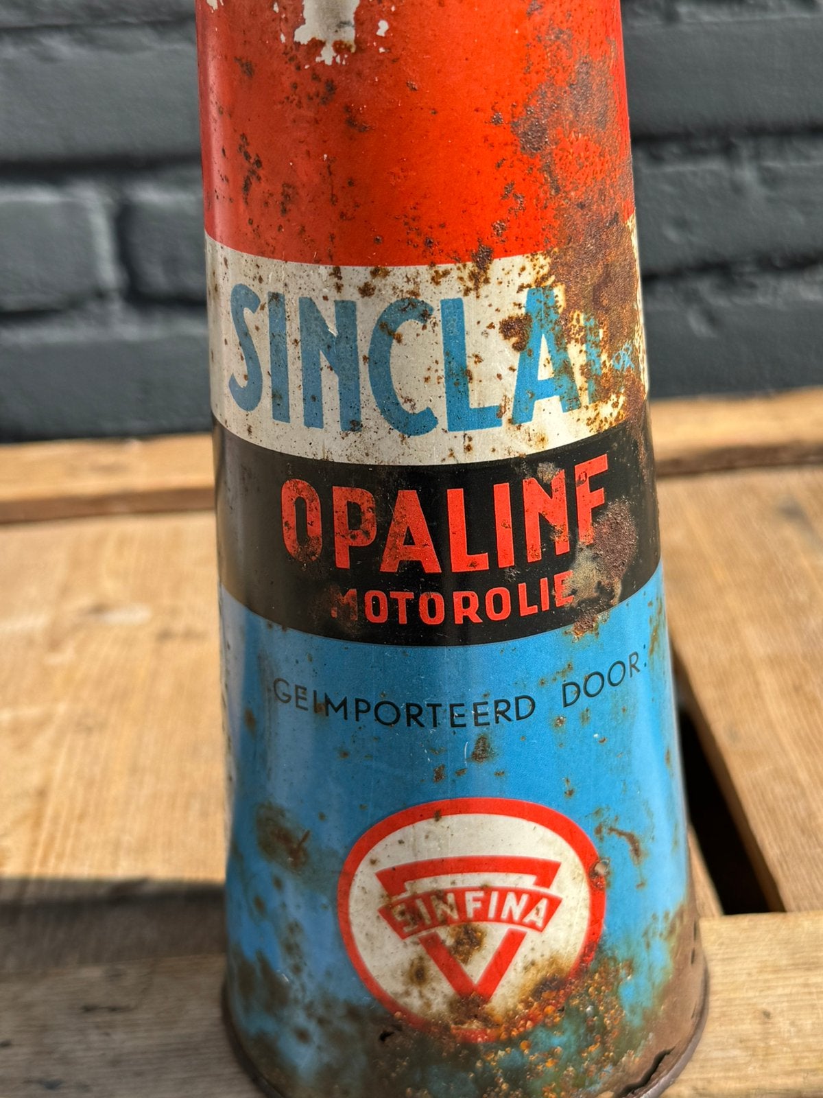 Fina / Purfina / Sinclair Conisch olie blik, Ophalen of Verzenden, Gebruikt, Verpakking