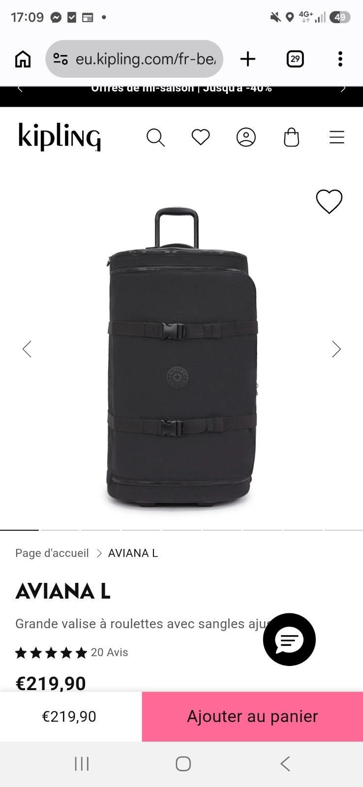 Kipling Aviana L, Enlèvement ou Envoi, Neuf, Noir, Poignée extensible