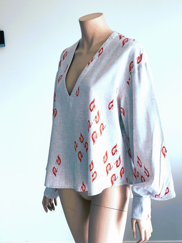 Eline Van Ree Blouse Oversized Lichtgrijs koraal Accenten 38, Maat 38/40 (M), Overige kleuren, Eline Van Ree, Ophalen of Verzenden