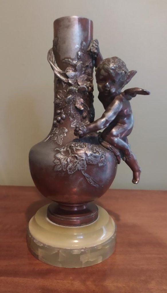 art deco metalen beeldje / vaasje met engel, Antiek en Kunst, Ophalen of Verzenden, Art deco