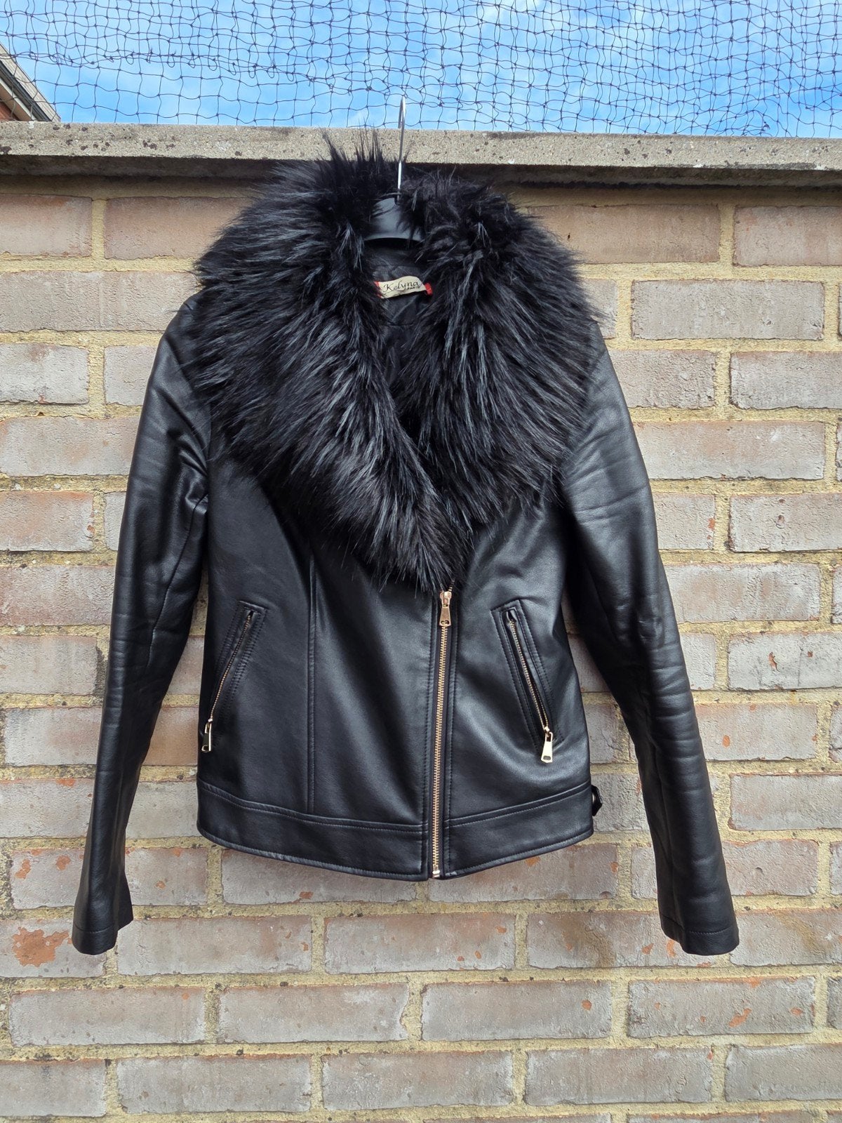 sexy zwart lederlook jas maat large nepbont #winter, Zwart, Maat 42/44 (L), Nieuw, Kelyna