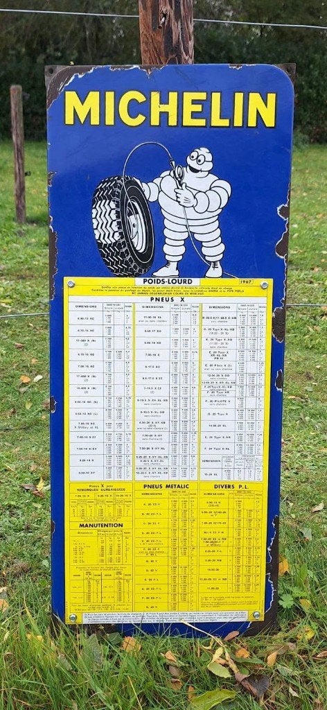Emaille reclamebord van Michelin, bandentabel., Ophalen of Verzenden, Gebruikt, Reclamebord