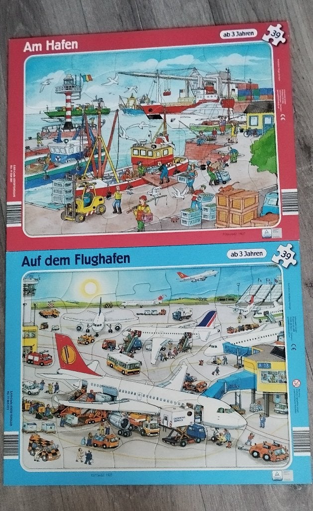 2 puzzles-cadres 3+ « Am Hafen » et « Auf dem Flughafen »., Enlèvement ou Envoi, 10 à 50 pièces, Comme neuf, 2 à 4 ans