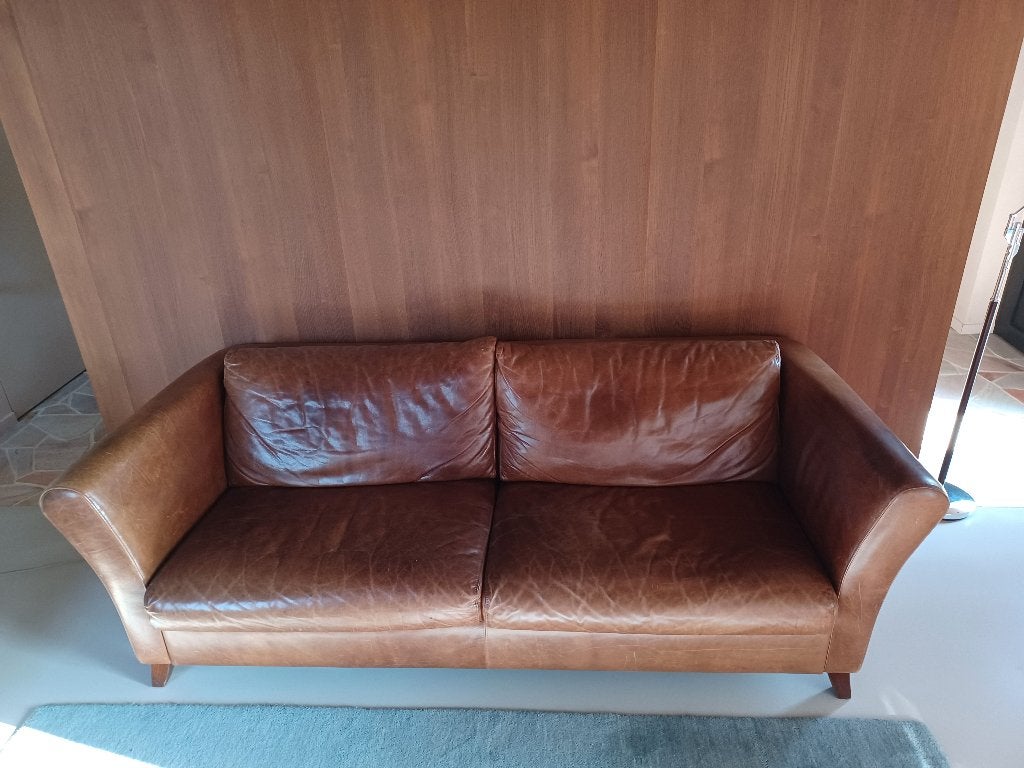 Lederen Bank Cognac, Ophalen, Gebruikt, Driepersoons, 75 tot 100 cm