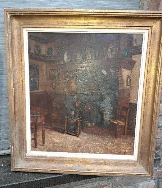 Huile sur panneau interieur signe pieter stobbaerts, Antiquités & Art, Enlèvement ou Envoi, Réaliste, Panneau