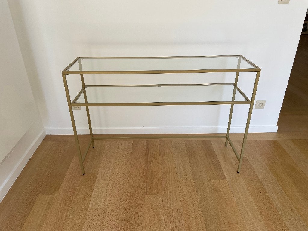 Console van gehard glas en goudkleurig metaal, Ophalen, Glas