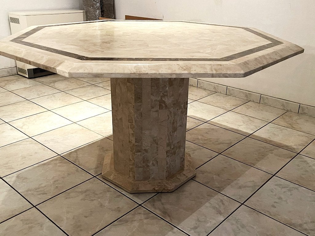 Unieke Vintage 8-hoekige Eettafel (Marmer-look/Regency), Ophalen, Overige materialen, 100 tot 150 cm, Zo goed als nieuw