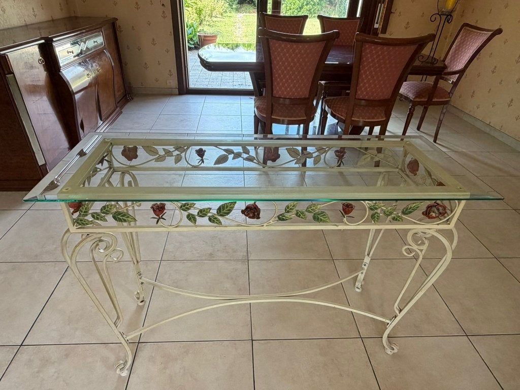 Console métallisée décors floraux + table de coin assortie, Enlèvement, Comme neuf