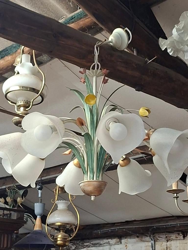 Vintage Florentijns bloem luster lamp ijzer hanglamp luchter, Ophalen, Gebruikt, Glas