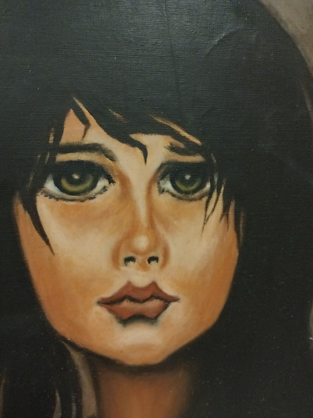 Vintage 'Big Eyes' Portret (Jaren 60/70), Antiek en Kunst, Ophalen of Verzenden, Vintage, Gesigneerd, Doek