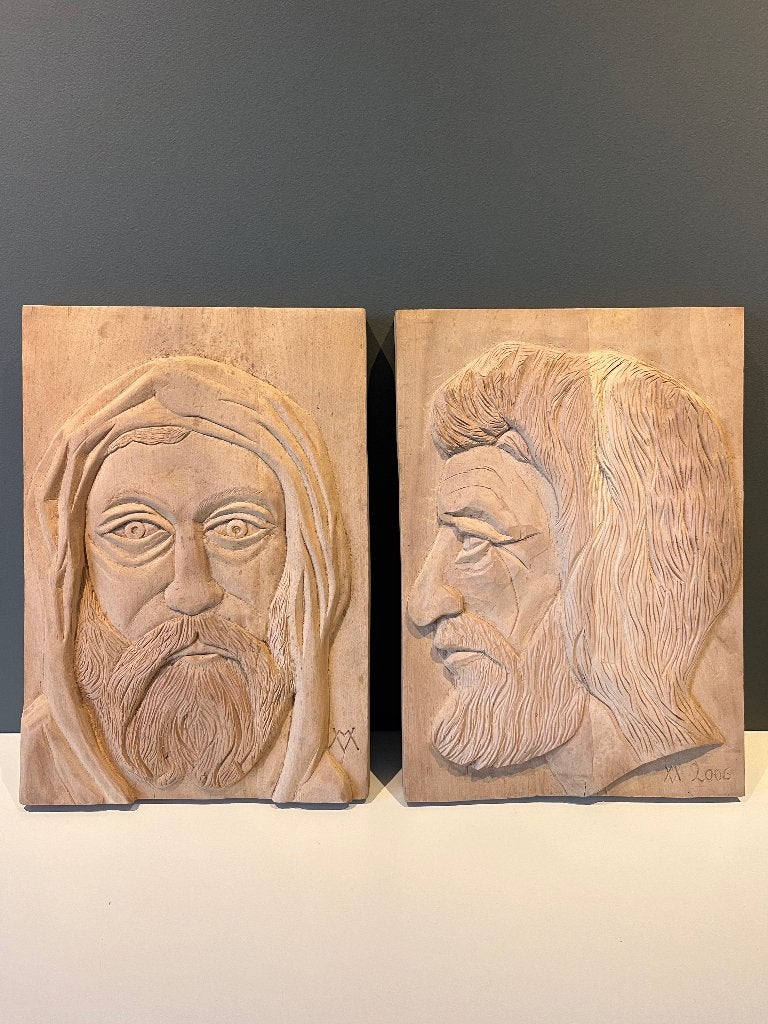 Unieke Set van 2 Handgesneden Houten Reliëfpanelen-heiligen, Ophalen of Verzenden, Handgemaakt, Hout, Houtsnijwerk
