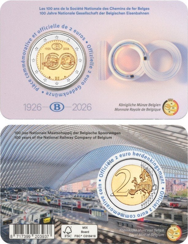 coincard 2 euros Belgique 2026 100 ans de la SNCB française, Envoi, Belgique, 2 euros