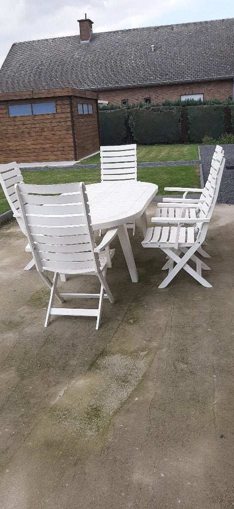 Chaises de jardin, table de jardin et grand parasol, Jardin & Terrasse, Enlèvement, Utilisé, Synthétique, Pliant