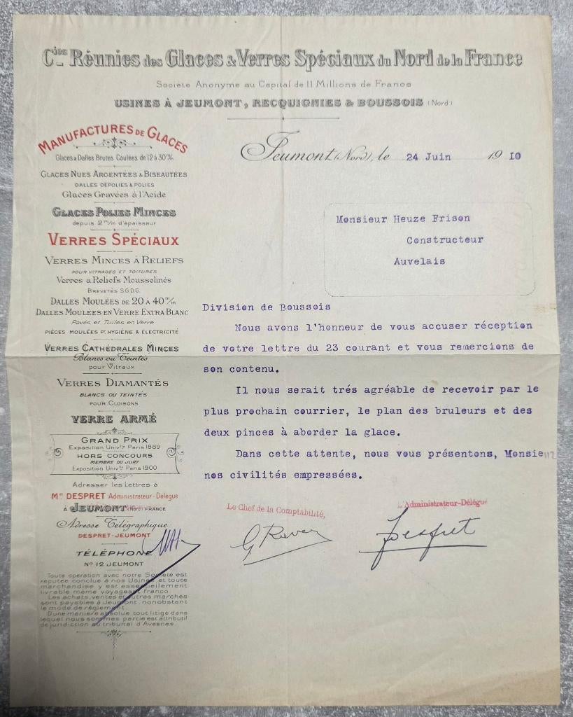 1910+Boussois+Jeumont+Auvelais+Glaces et verres+lettre, Enlèvement ou Envoi, Avant 1920, Non affranchie, France