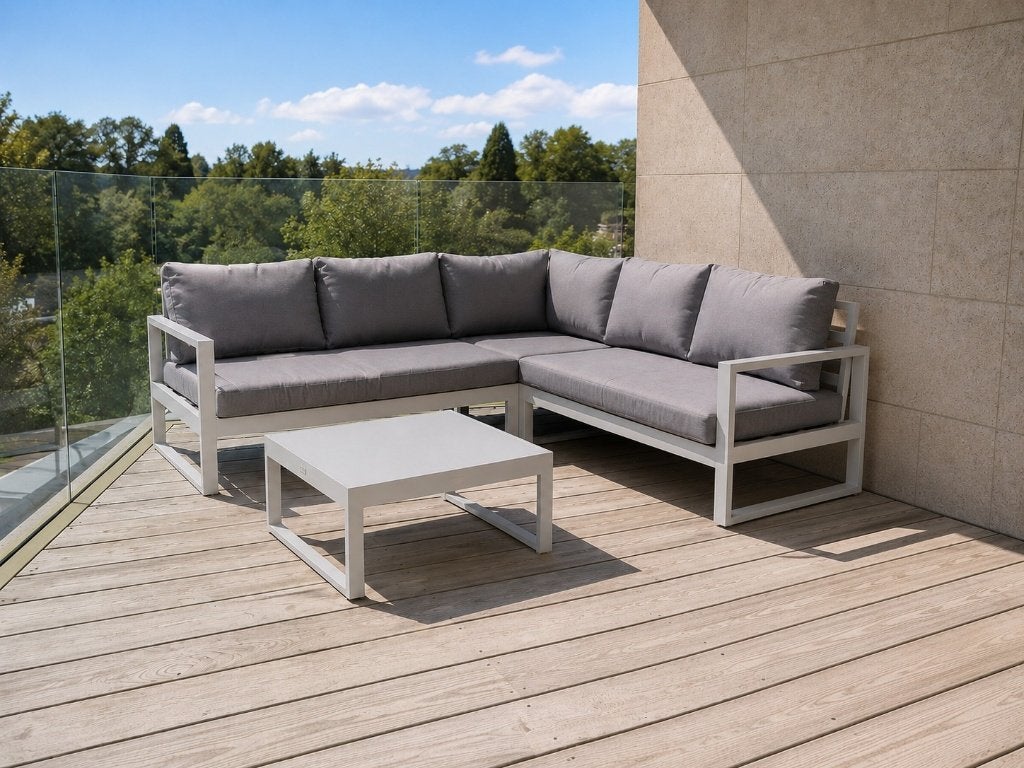 Aluminium loungeset wit/grijs – inclusief tafel, Tuin en Terras, Ophalen, Gebruikt, 6 zitplaatsen, Bank