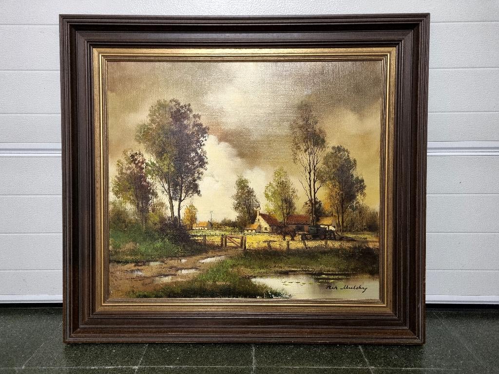 Schilderij Rik Mulders Hoevelandschap met boer, paard en kar, Ophalen
