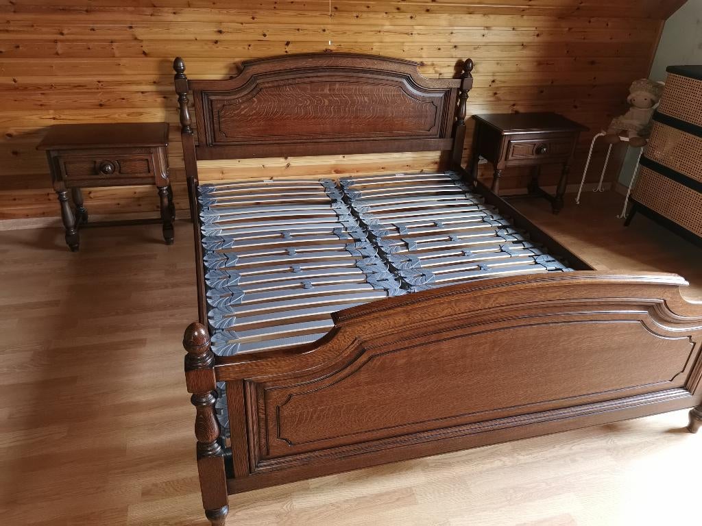 eiken 2 pers. bed + nachtkastjes + ergosleep lattenbodem, Huis en Inrichting, Slaapkamer | Bedden, Gebruikt, Tweepersoons, 160 cm