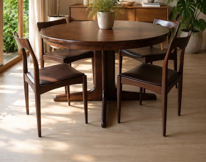 Vintage eettafel 128x128x76  met 4 stoelen, Huis en Inrichting, Ophalen