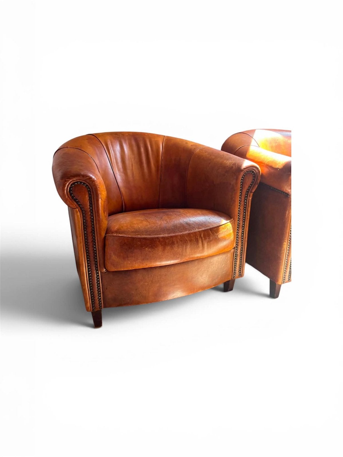2 x schapenleren clubfauteuils cognac bruin Joris Design, Ophalen, Zo goed als nieuw