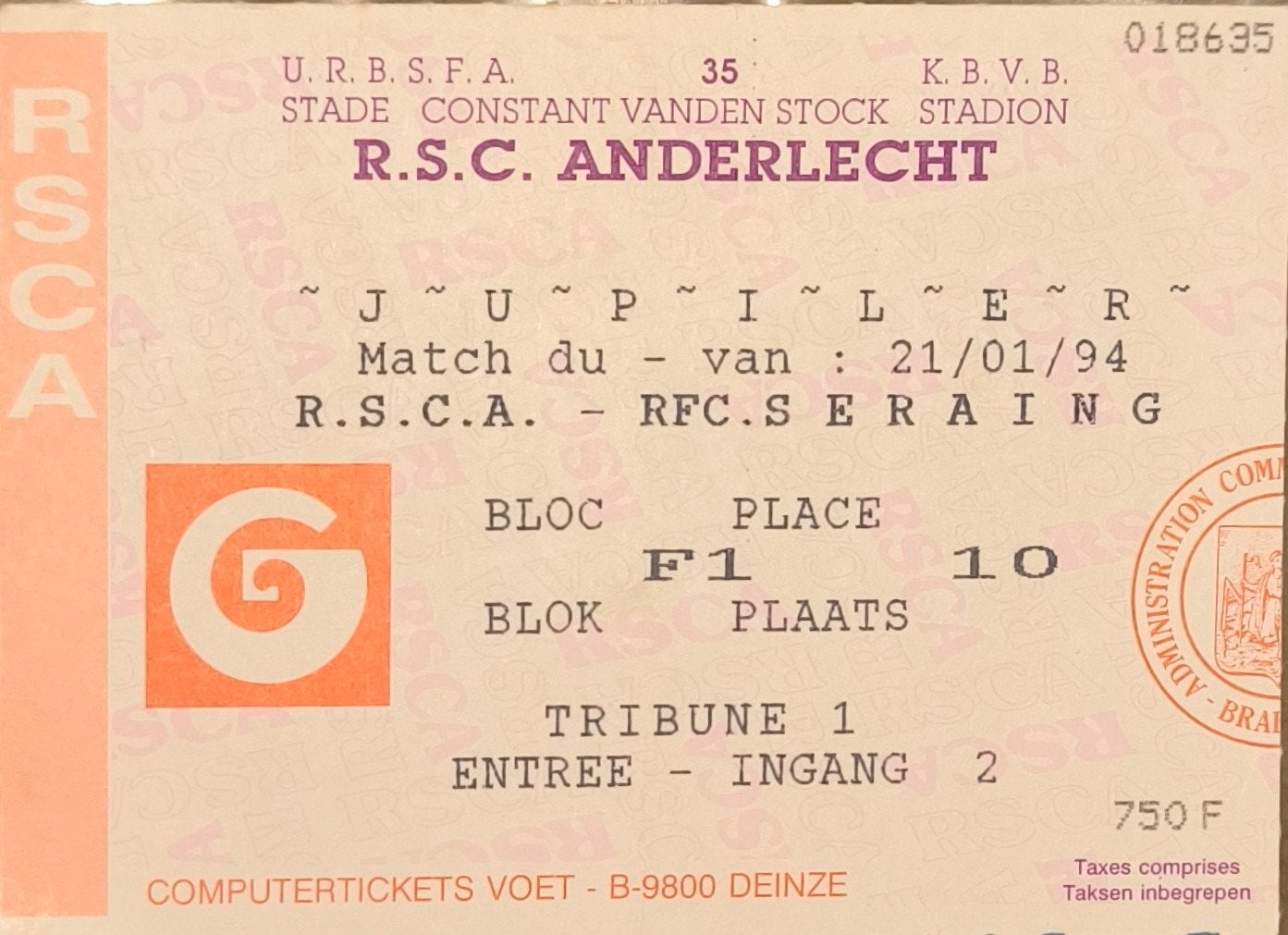 ticket 1994 Anderlecht Seraing, Tickets & Billets