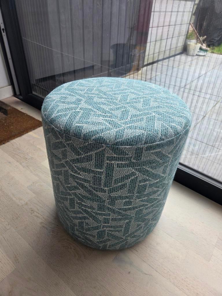 Ronde poef / krukje blauwgroen – modern design stofpatroon, Huis en Inrichting, Zetels | Voetbanken en poefs, Ophalen, Stof