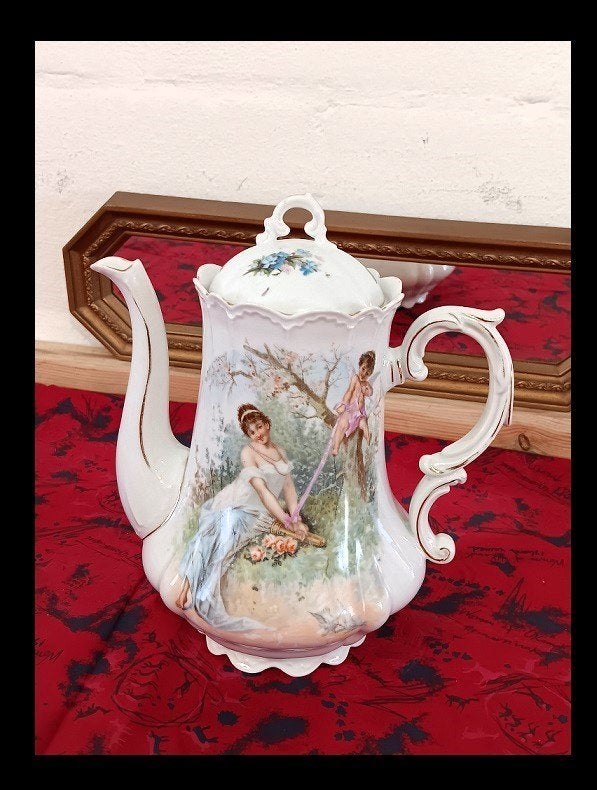 Prachtige porseleinen koffiepot en kaarsenhouderset, Antiek en Kunst, Antiek | Servies los, Ophalen of Verzenden