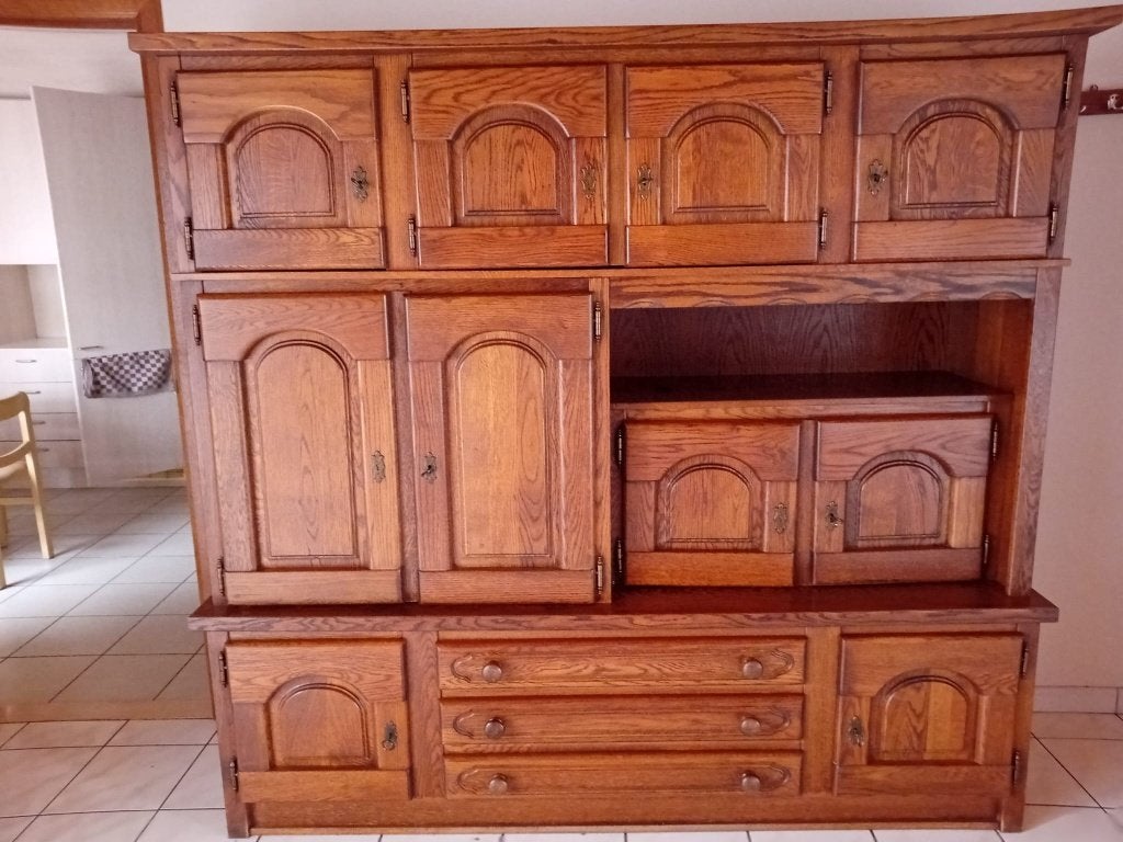 Wandkast, eetkamertafel, 6 stoelen - massief eik, Ophalen, Gebruikt, Klassiek, 4 tot 6 stoelen