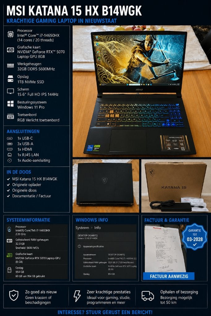 MSI Katana 15 Intel Core i7-14650HX | RTX 5070 |32GB | 1TB, Neuf, MSI, 32 GB, 16 pouces