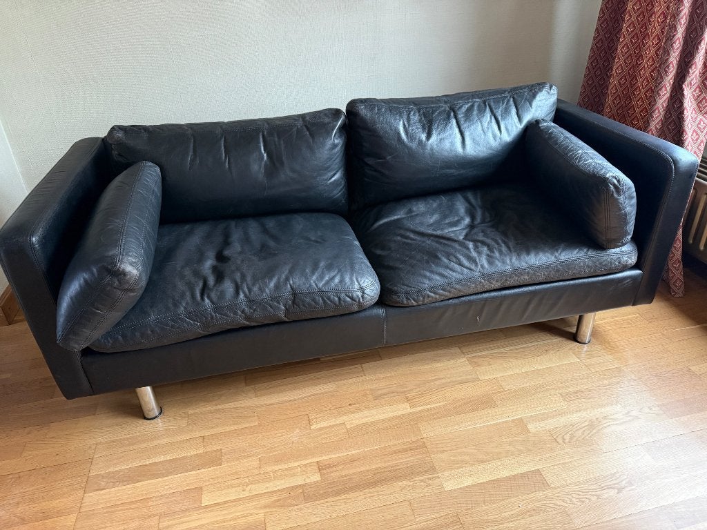 Zwarte lederen zetel, Huis en Inrichting, Ophalen, Gebruikt, 150 tot 200 cm, Driepersoons