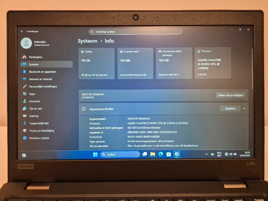 Lenovo Thinkpad L390 | i3 | 16GB RAM | 128GB SSD, 2 tot 3 Ghz, 13 inch, Ophalen of Verzenden, Zo goed als nieuw