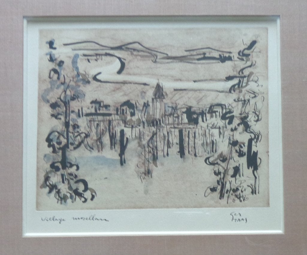 GER MAAS /VILLAGE MOSSELAN / ETS + AQUAREL / 39x41cm / KADER, Antiquités & Art, Numéroté, Enlèvement ou Envoi, Paysages, Eau-forte