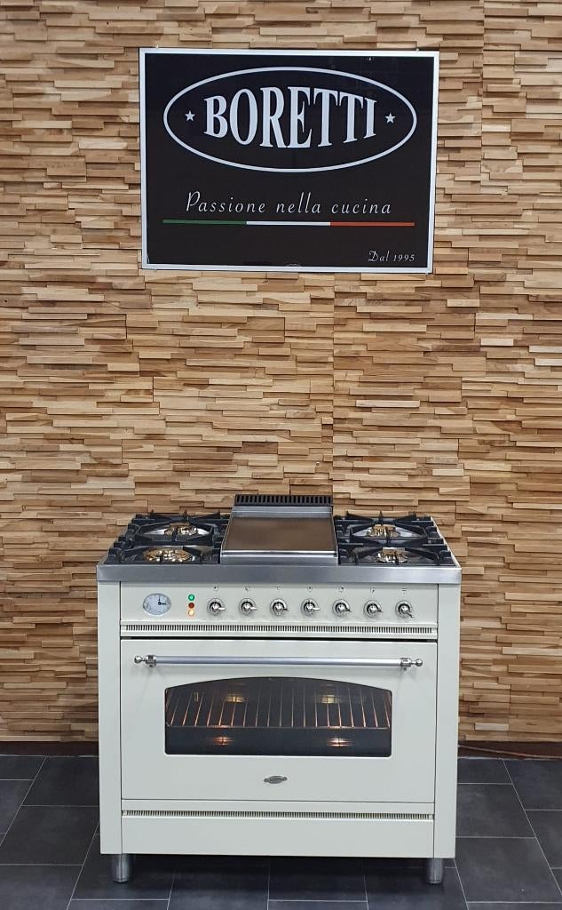 Luxe Boretti Fornuis 90cm crème + rvs Frytop 1 grote oven, Gaz, Comme neuf, Enlèvement, 5 zones de cuisson ou plus