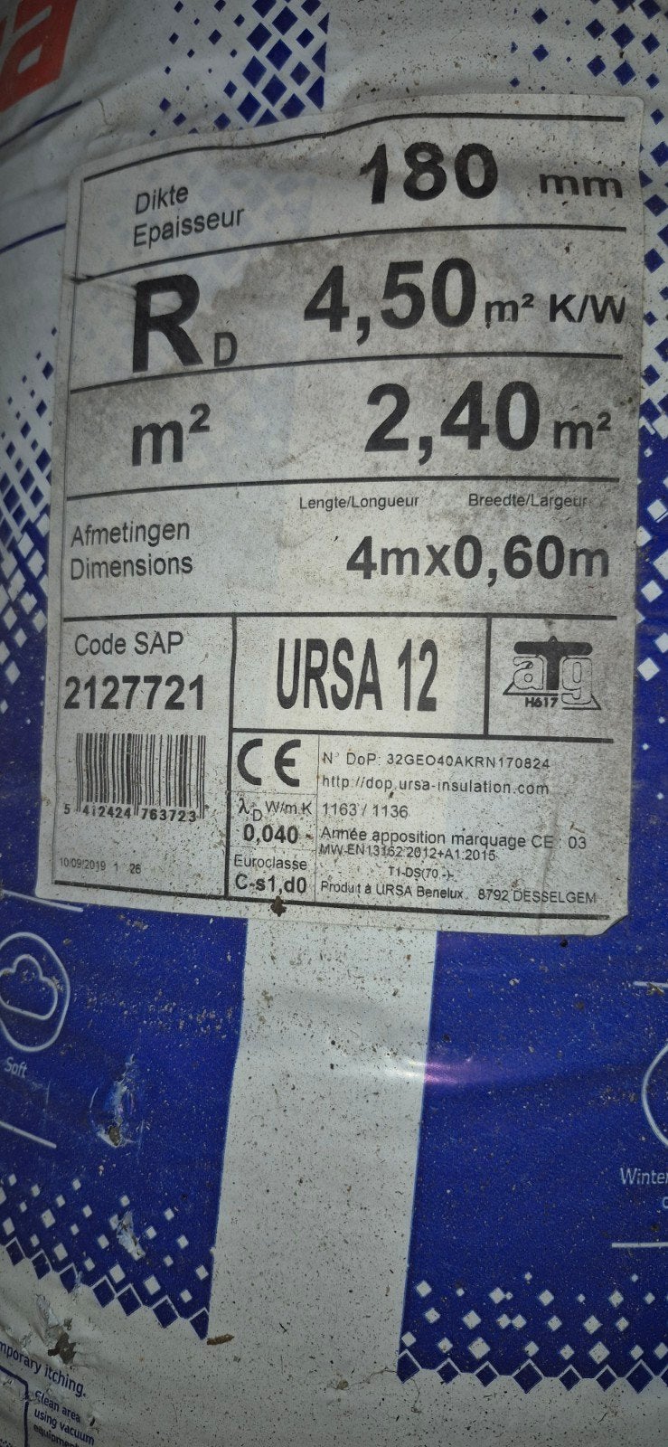 ursa isolatie glaswol rol 4m x 0.60m 18cm dik, Doe-het-zelf en Bouw, Ophalen, Glaswol