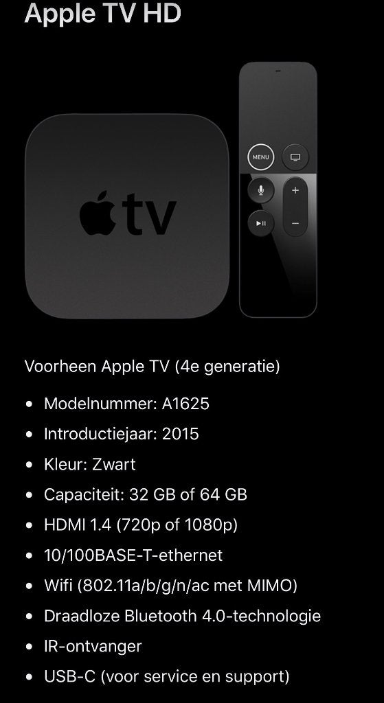 Apple TV A1625 (4de generatie), Enlèvement, Utilisé, HDMI, Moins de 500 GB