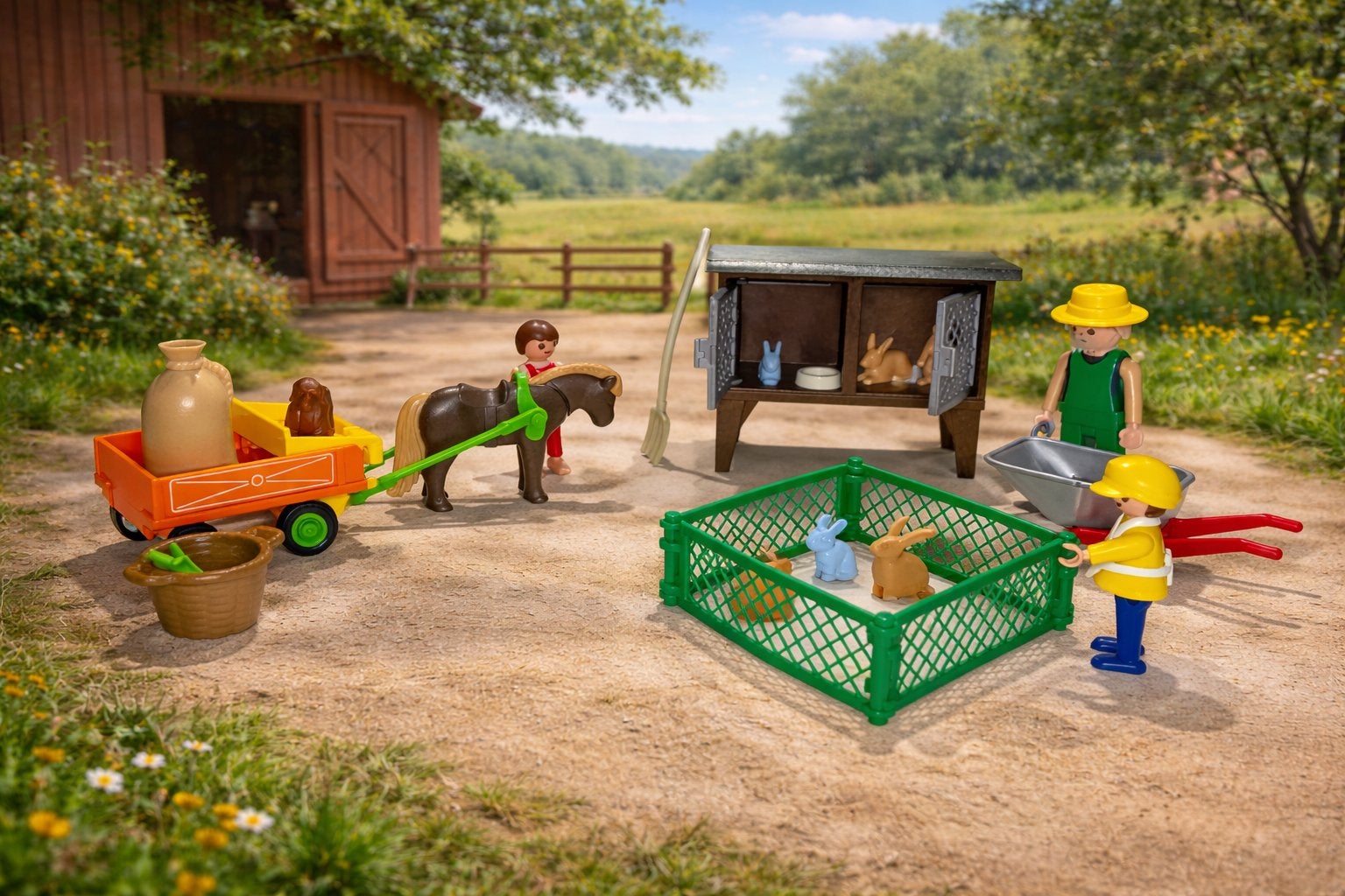 Vintage Playmobil 3751 Konijnenhok + Paard & Kar – Boerderij, Gebruikt, Complete set, Ophalen of Verzenden, Country