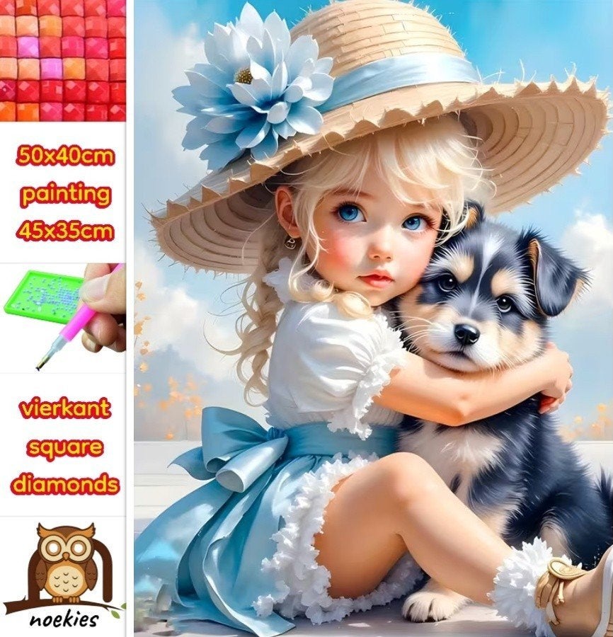 50x40cm Diamond painting meisje met hondje (vierkant) nr 39, Hobby en Vrije tijd, Verzenden, Nieuw, Overige materialen, Blauw