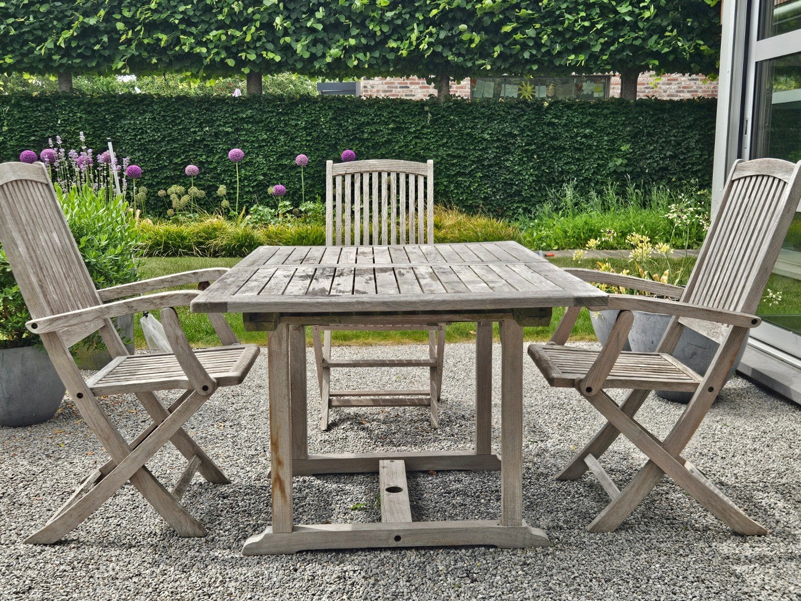 Houten tuintafel en stoelen + houten ligstoelen., Ophalen, Gebruikt, Bank, Hardhout
