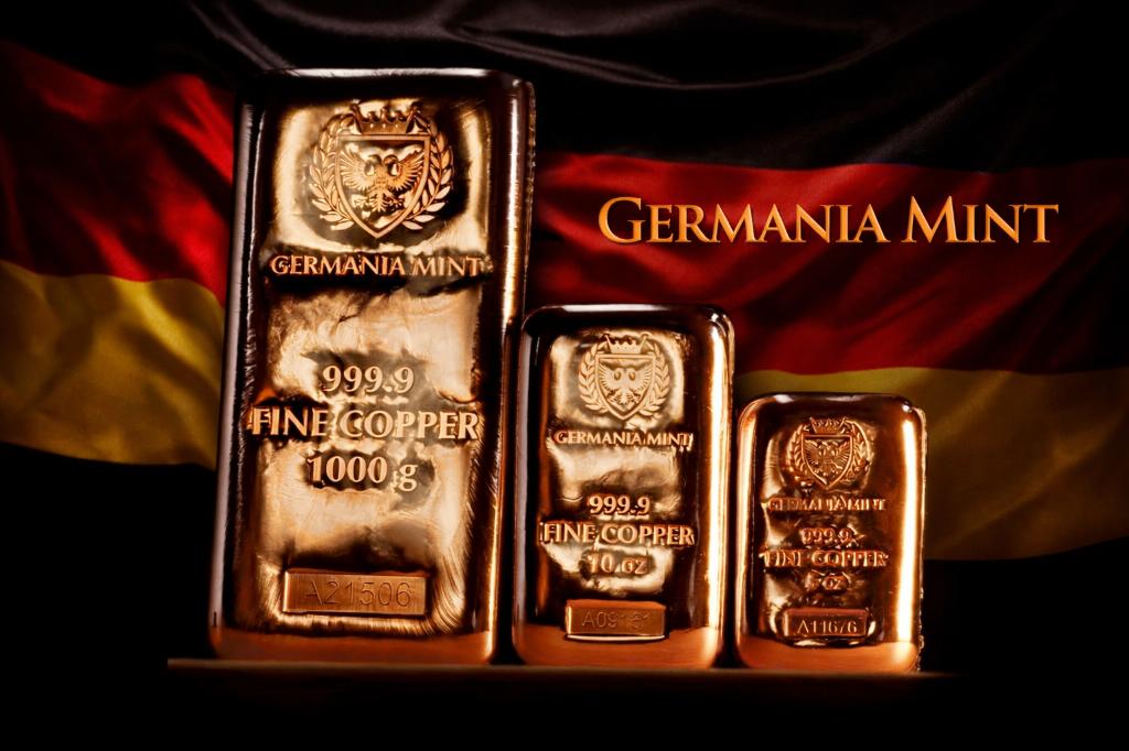 Complete collectie Germania Mint koperen baren 1kg,10oz, 5oz, Ophalen of Verzenden, Koper