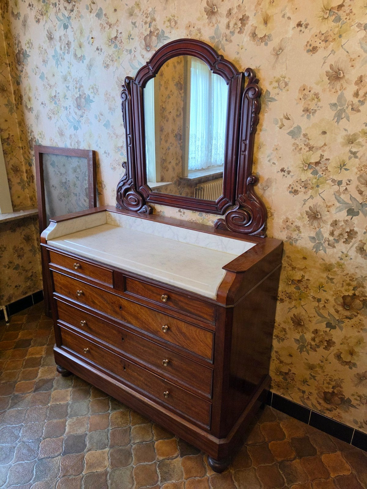 Vintage ladenkast met spiegel en blad in marmer, Ophalen