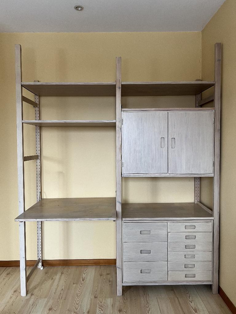 Meuble bureau modulable avec étagères et tiroirs en pin, Huis en Inrichting, Kasten | Stellingkasten, Gebruikt, Ophalen