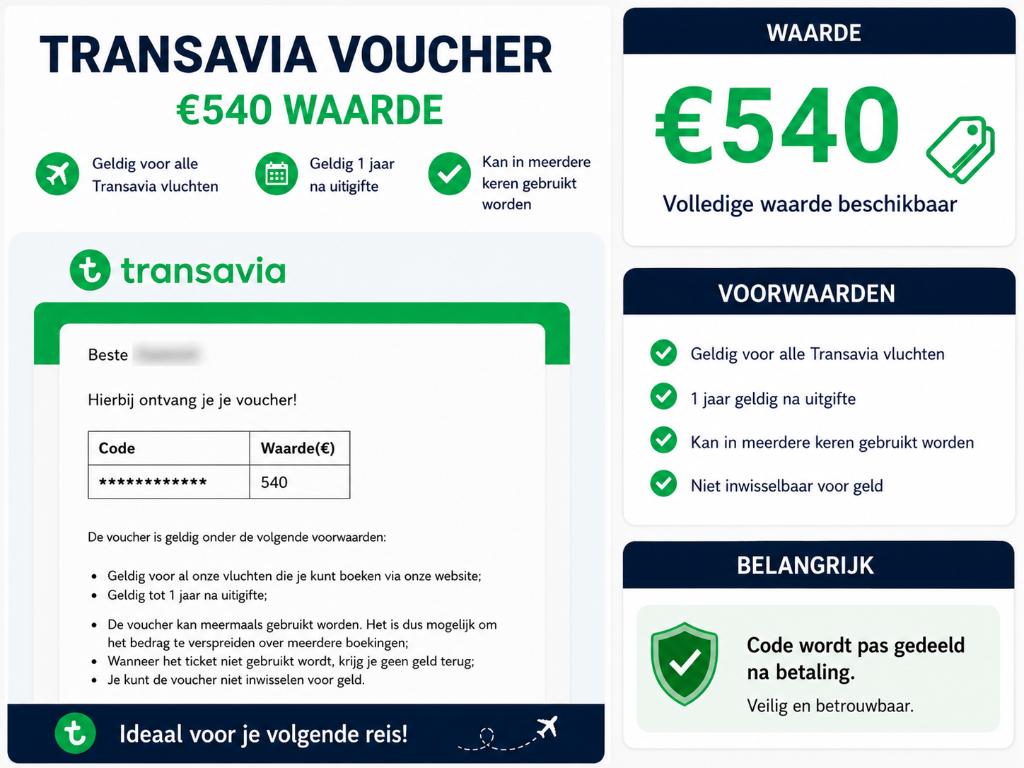Transavia voucher €540 waarde (korting), Tickets en Kaartjes, Eén persoon, Vliegtuig, Overige typen