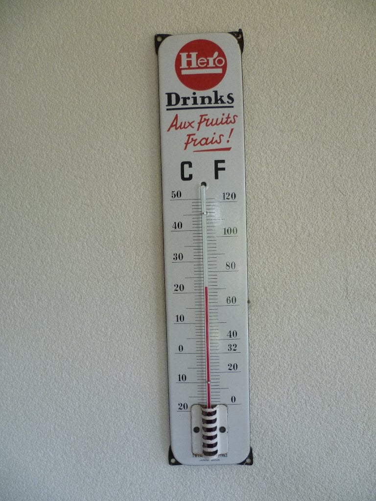 EMAILLE RECLAME THERMOMETER"HERO DRINKS FRUITS FRAIS"1963, Ophalen of Verzenden, Gebruikt, Reclamebord
