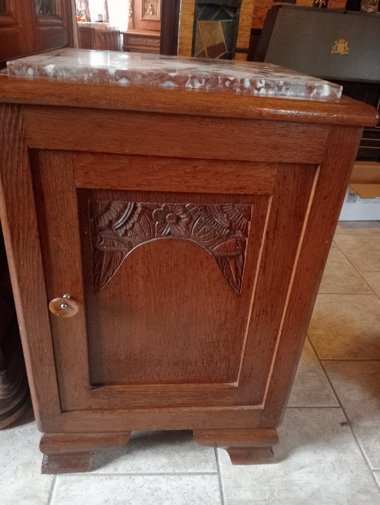 Table de chevet vintage avec plateau en marbre, Comme neuf, Moins de 45 cm, Enlèvement, 55 à 70 cm