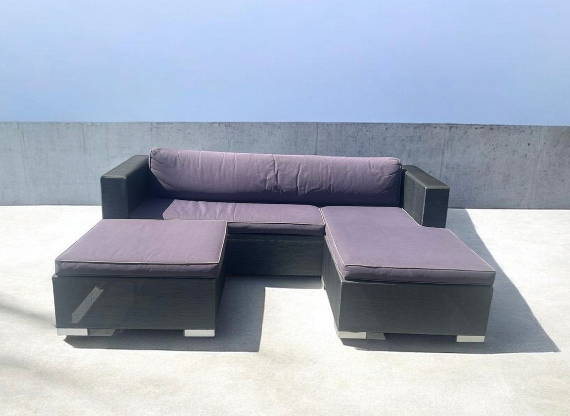Driezit lounge set met 2 poefen Living garden, Tuin en Terras, Tuinsets en Loungesets, Ophalen, Zo goed als nieuw, Loungeset