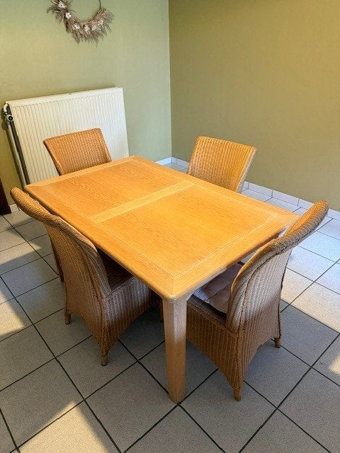 Blank Eiken Keukentafel + 4 stoelen, Ophalen, 100 tot 150 cm, Eikenhout, 50 tot 100 cm