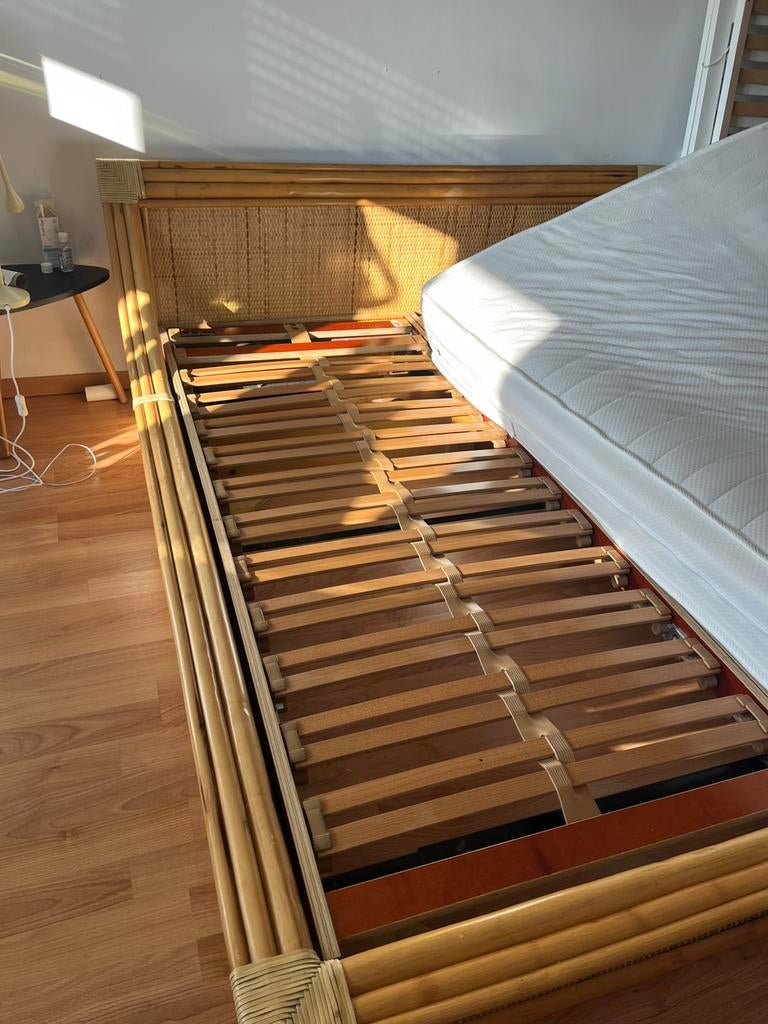 Vintage rotan bed, Enlèvement, Utilisé, Sommier, 180 cm