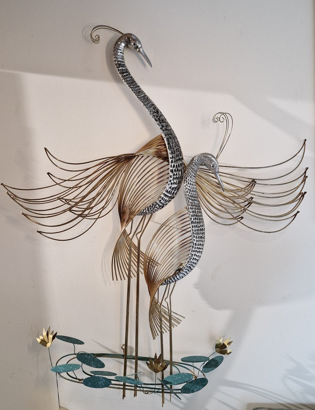 1989 Curtis Jere Twee reigers op waterlelies wanddecoratie, Vintage, Ophalen of Verzenden, Gesigneerd, Wandsculptuur