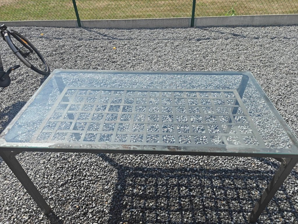 Ijzeren tafel met glazen blad, Ophalen, Gebruikt, 50 tot 100 cm, Glas